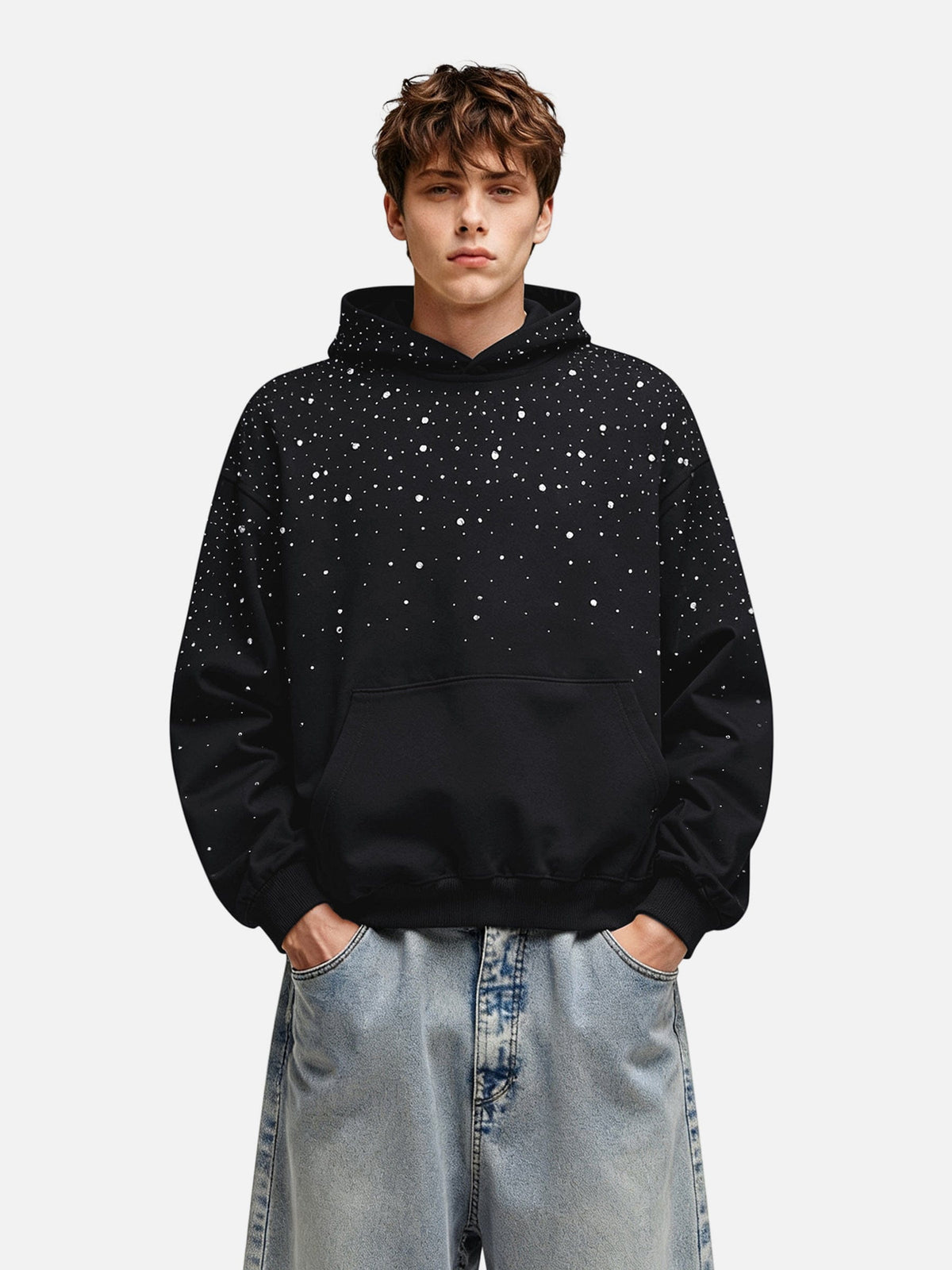Lumen Oversized Rhinestone Pullover Hoodie Sparkling Embellished Top with Kangaroo Pocket