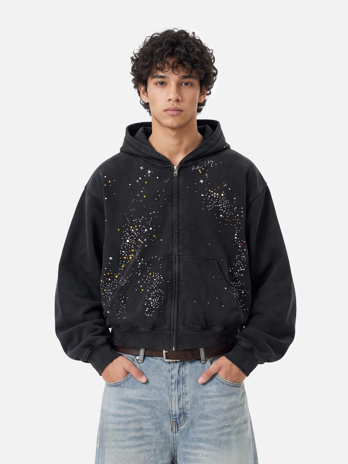 Nova Boxy Rhinestone Star Zip Up Hoodie Soft Cotton Statement Layer for Going Out