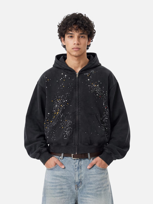 Nova Boxy Rhinestone Star Zip Up Hoodie Soft Cotton Statement Layer for Going Out