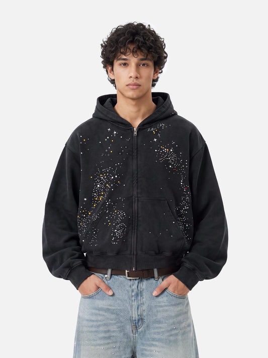 Nova Boxy Rhinestone Star Zip Up Hoodie Soft Cotton Statement Layer for Going Out