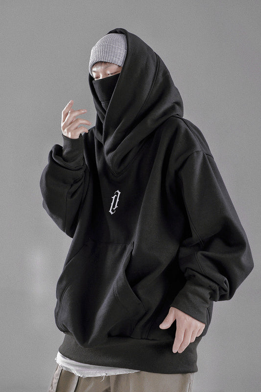 Kage Crossover Neck Fleece Hoodie Kanji Techwear Pullover for Warmth and Street Style