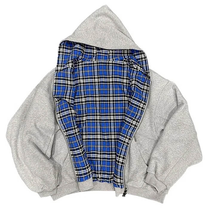 Reverie Reversible Grey Plaid Hooded Jacket Oversized Zip Layer Two Looks in One