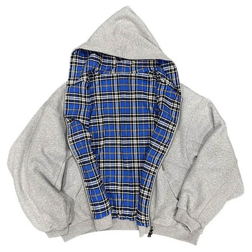 Reverie Reversible Grey Plaid Hooded Jacket Oversized Zip Layer Two Looks in One