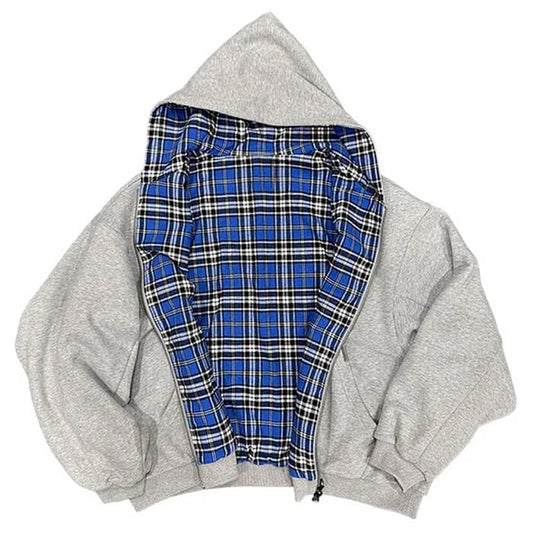 Reverie Reversible Grey Plaid Hooded Jacket Oversized Zip Layer Two Looks in One