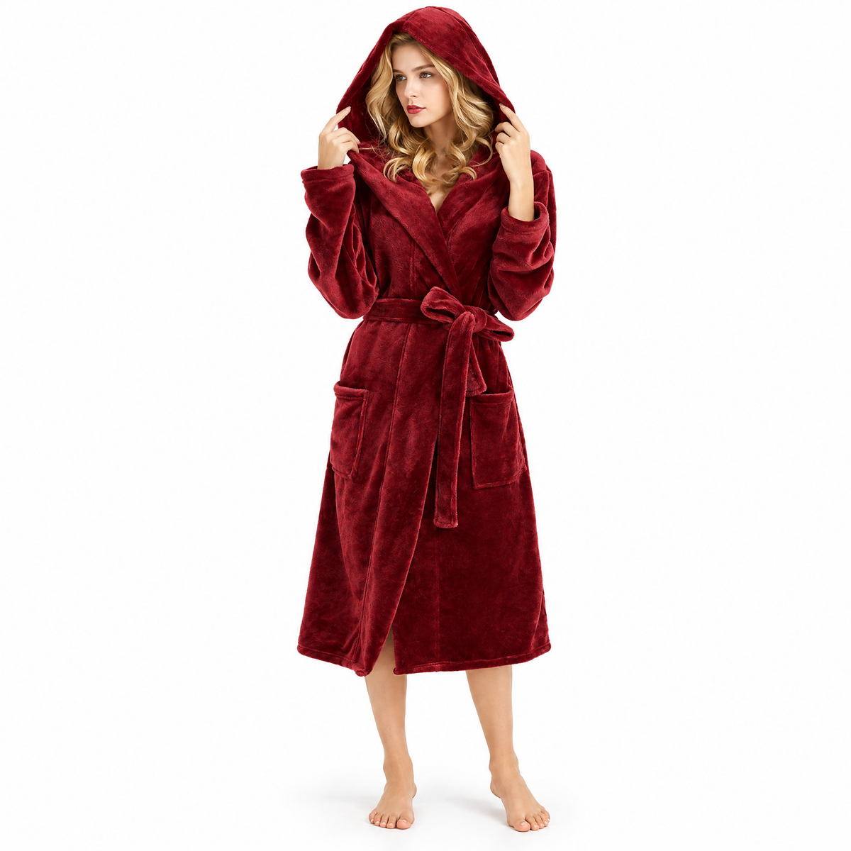 Vivianne plush fleece hooded bathrobe in bordeaux red