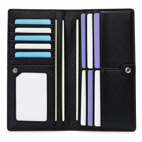 Renée black leather RFID wallet open