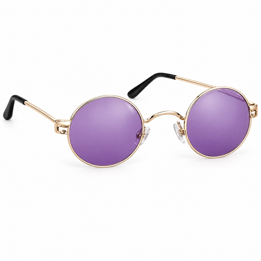 Lenno retro round polarised sunglasses with gold frame and purple lenses