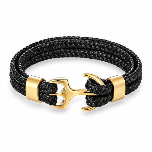 Marcus braided leather bracelet with gold anchor