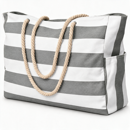 SandAway oversized grey striped beach tote with rope handles