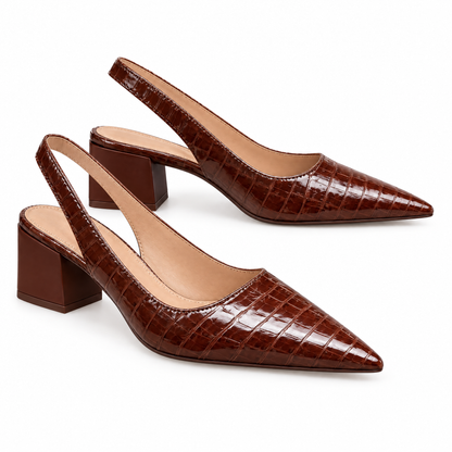 Lara croco-effect chunky heel slingback pumps in dark brown