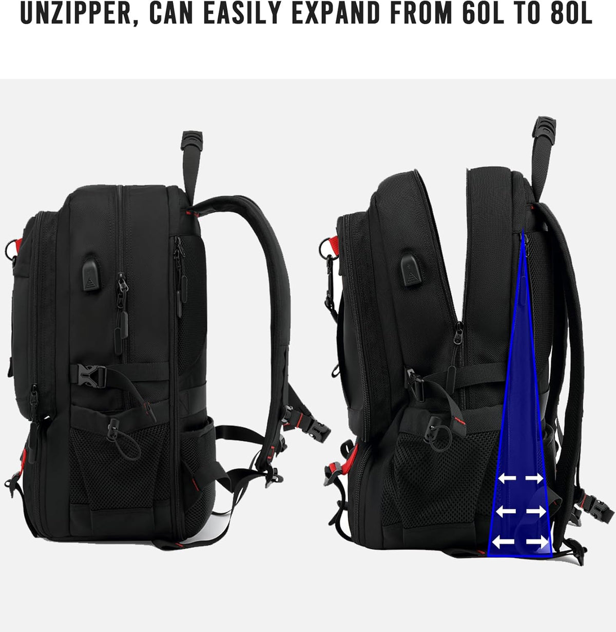 Ellis Expandable 60L Laptop Travel Backpack in Black